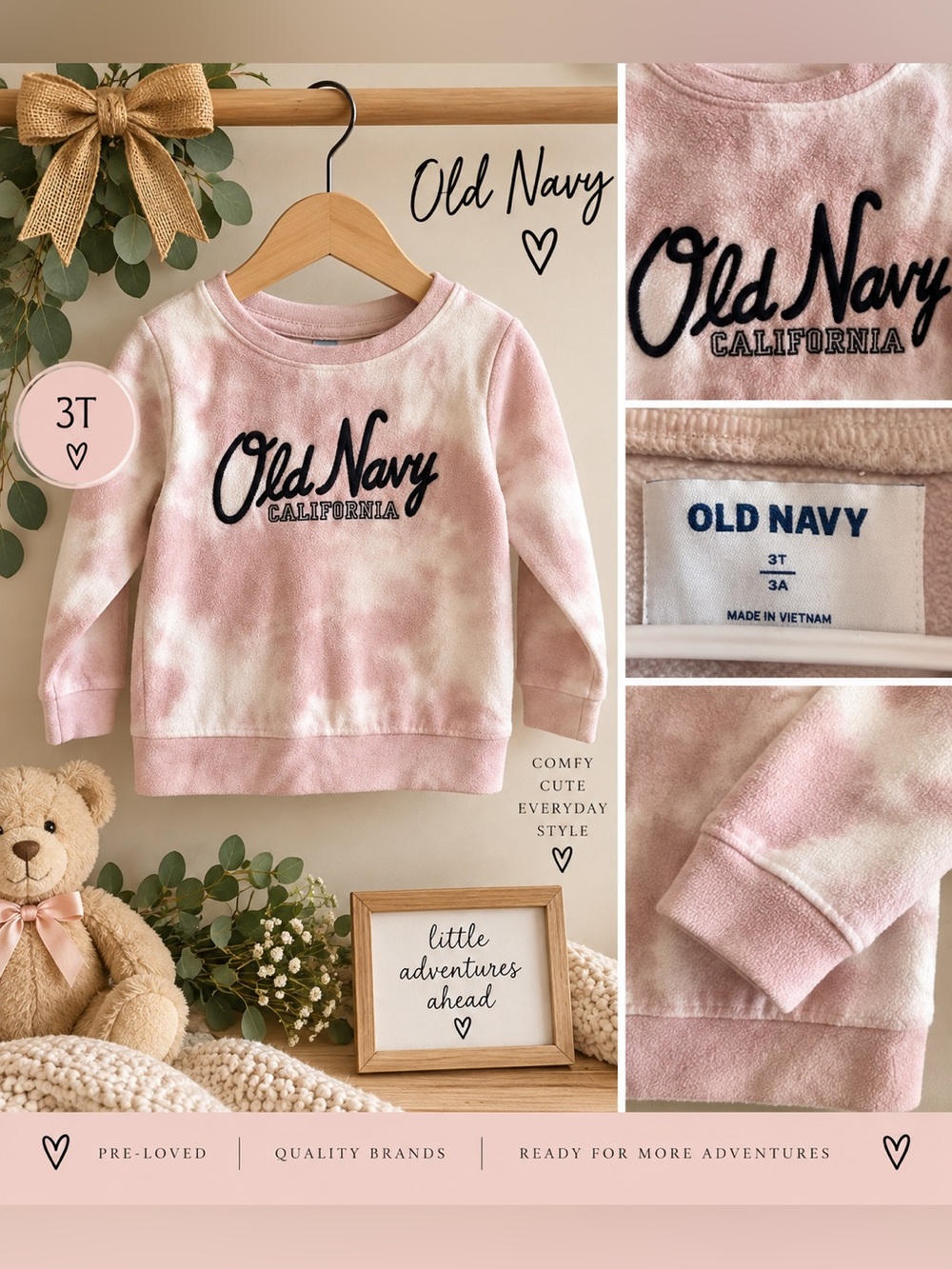 Old Navy Girls 3T Pink & Cream Tie Dye Fleece Sweatshirt California Pullover